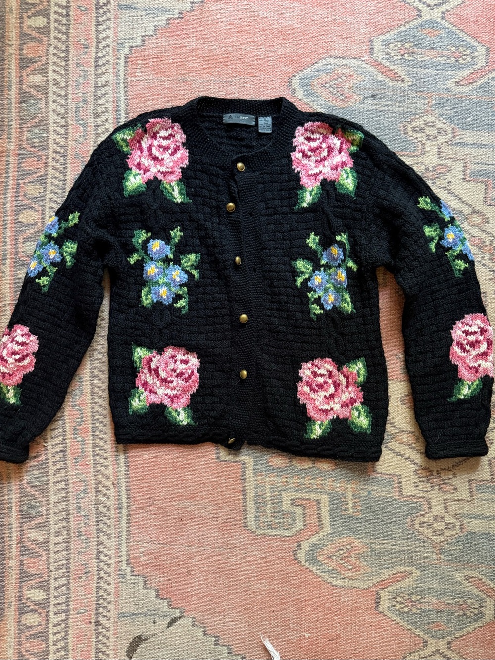 Black Floral Knit Button-Up Sweater - Women